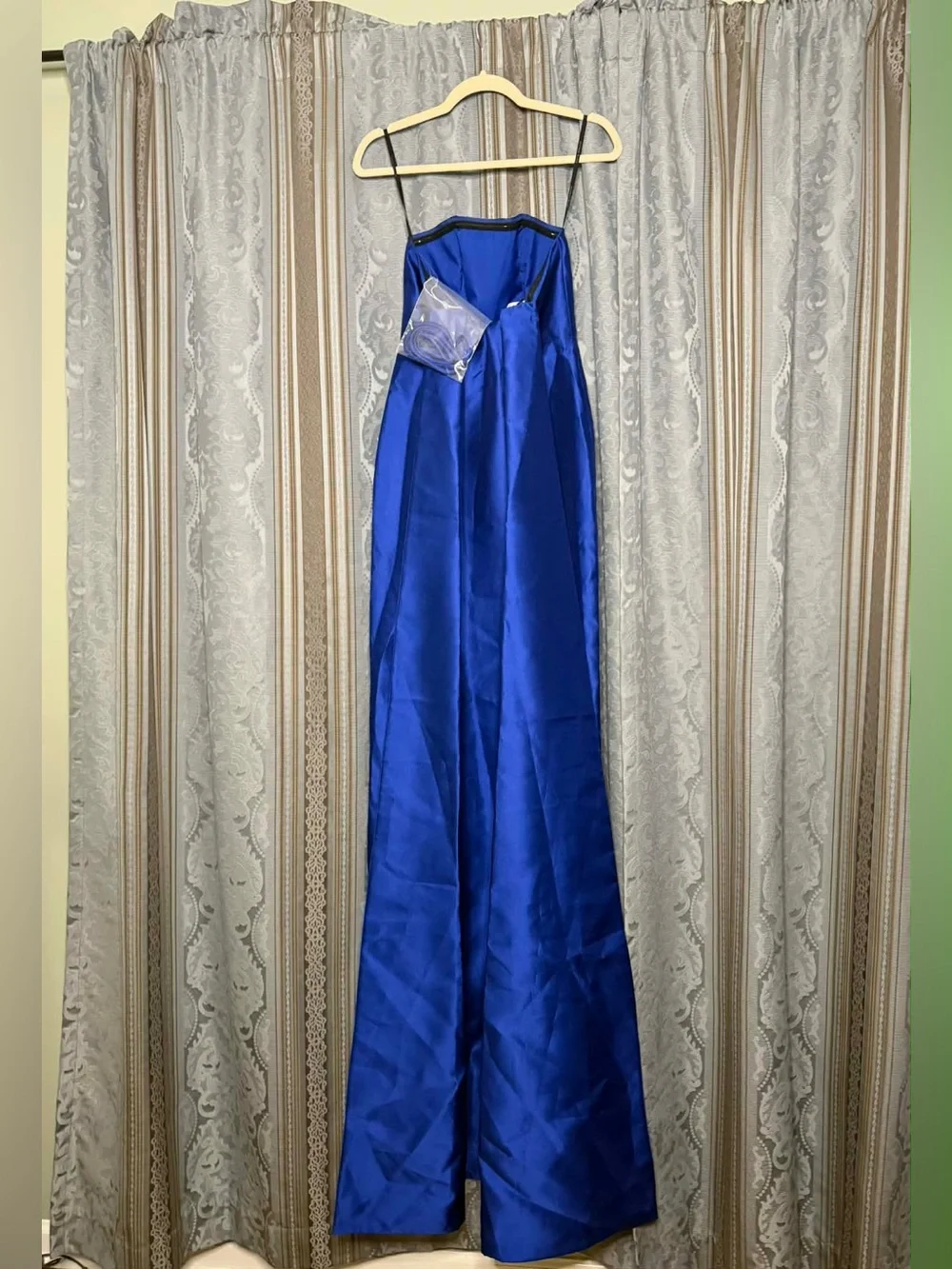 Alfred Sung Strapless Satin Column Dress Removable Watteau Train Cobalt Blue - Picture 5 of 8